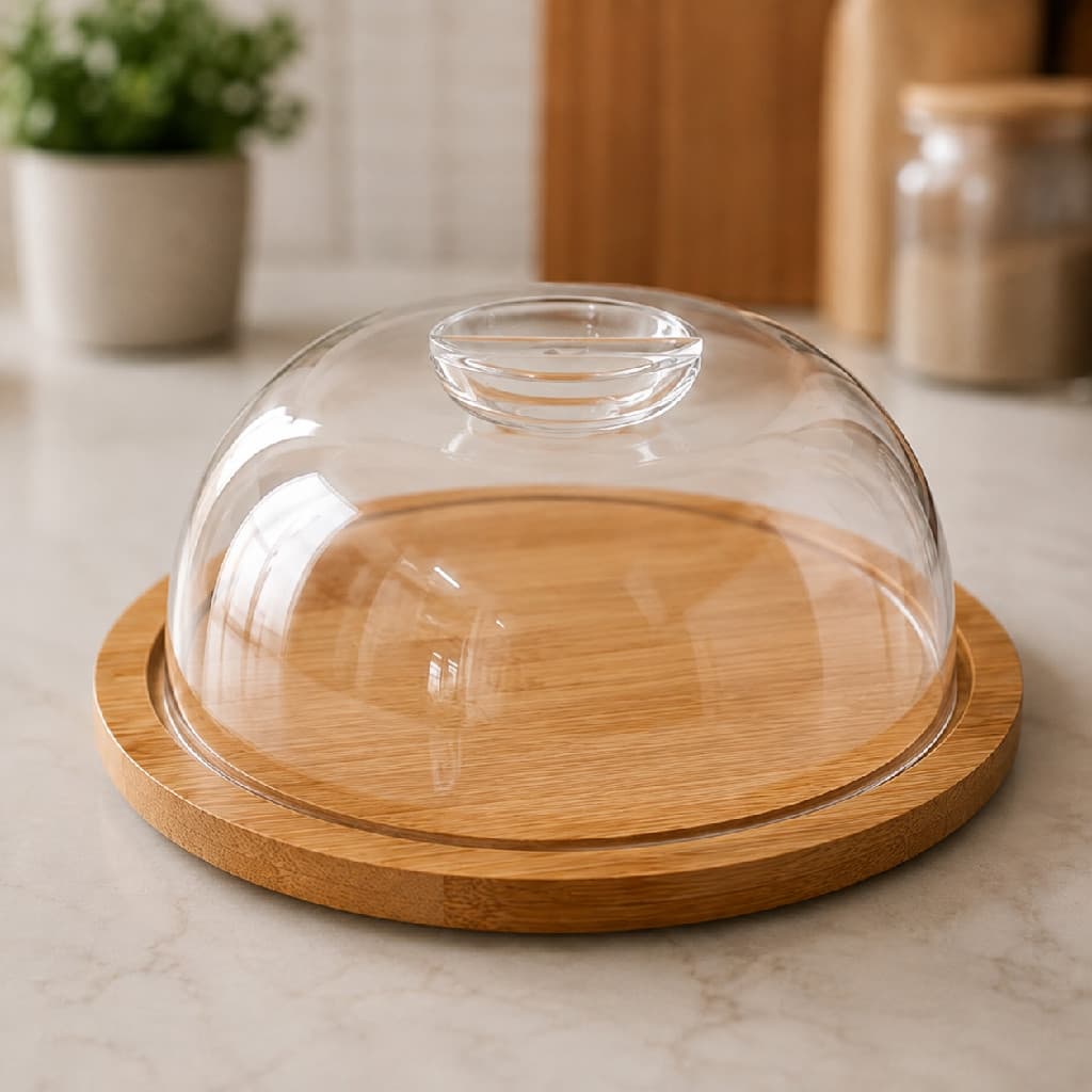 Queijeira Porta Queijo com Base de Bambu e Tampa De Plástico Porta Frios Cozinha