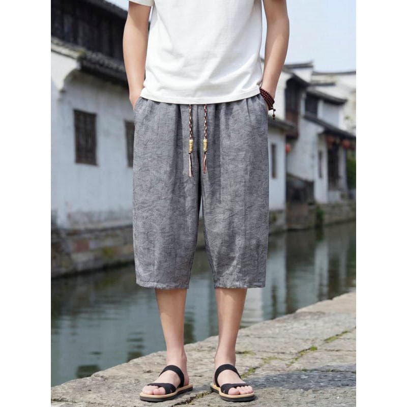 Verão fino calças cortadas dos homens Retro estilo étnico calças soltas tamanho grande gordura Harem calças casuais Shor
