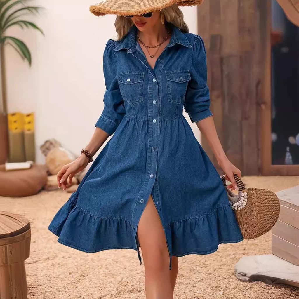 2026 Estação Independente Novo Estilo Lapela Manga Longa Costura Vestido Casual