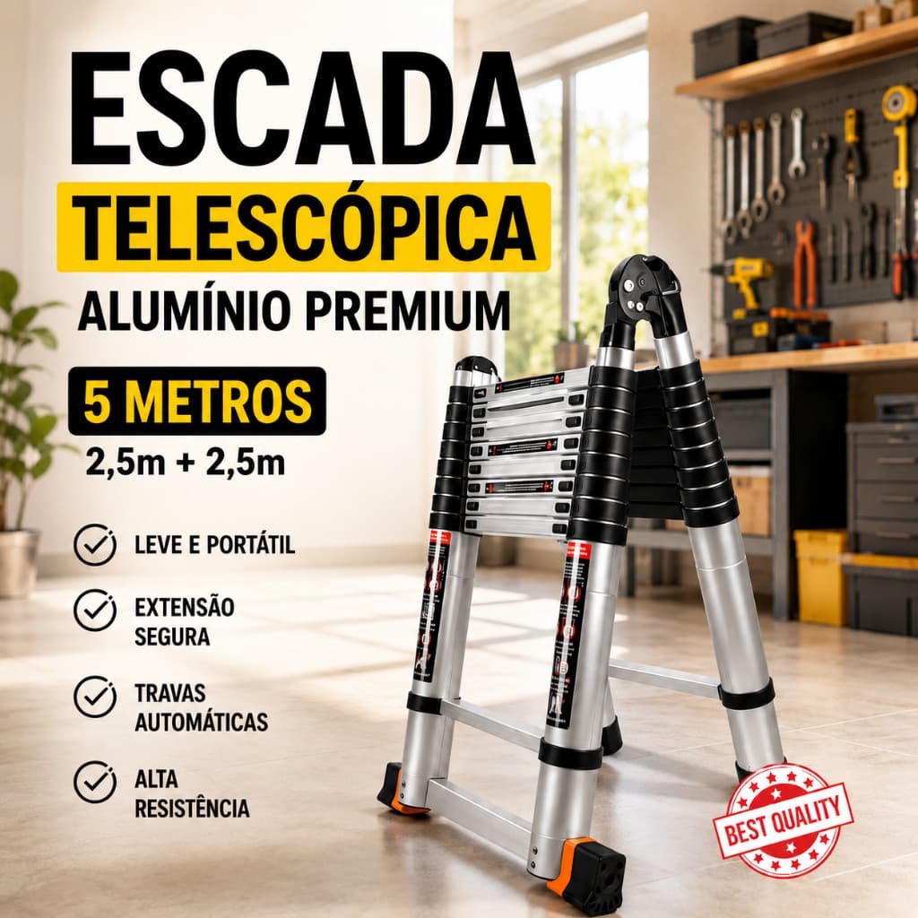 Escada Telescópica Alumínio 5 Metros Dobrável Multiuso com Travas Automáticas Portátil