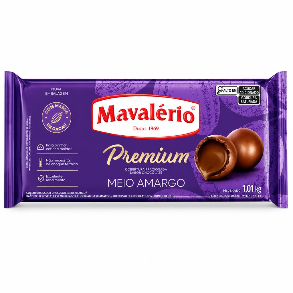 COBERTURA PREMIUM BARRA SABOR CHOCOLATE MEIO AMARGO MAVALÉRIO - 1,01kg