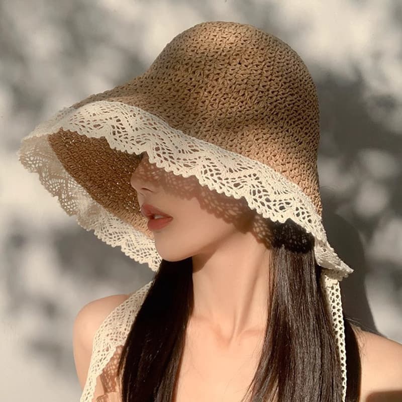 Seaside dobrável sol renda francesa guarda-sol feminino verão aba grande Streamer balde chapéu verão +