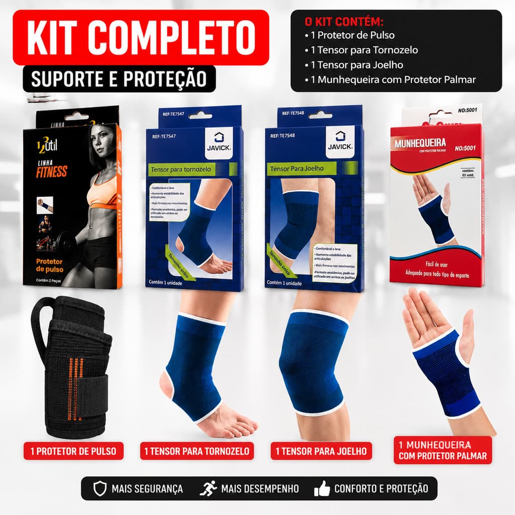 Kit Suporte Esportivo 4 Itens Joelheira Tornozeleira Munhequeira Protetor de Pulso Fitness