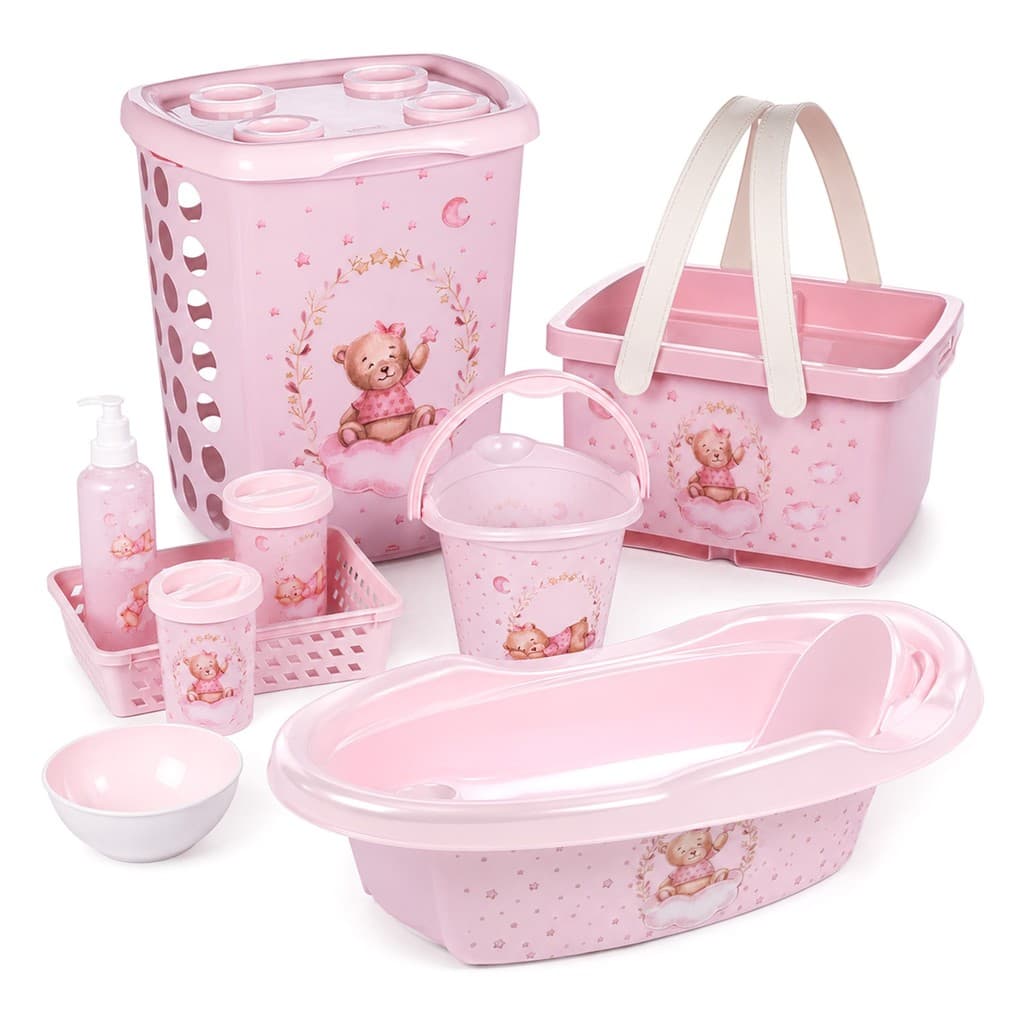 Kit Luxo Ursa Rosa Para Bebê 9 Peças Banheira Cesto 38L Balde 8L Caixa Higiene - Plasútil