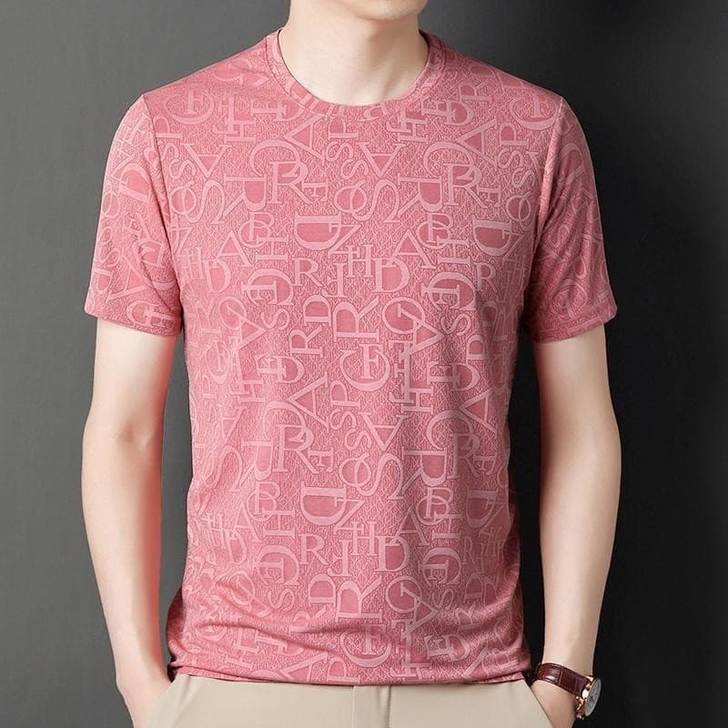 Camiseta masculina de manga curta com gola redonda e Jacquard de seda gelada