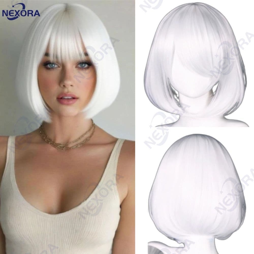 Peruca Wig Fibra Bio Orgânica Curta Com Franja Cor Branco COSPLAY 35CM-NE