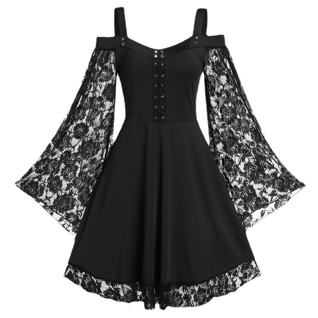 Vestido estilo europeu e americano com mangas largas e acabamento em renda, vestido artístico vintage, vestido casual fe