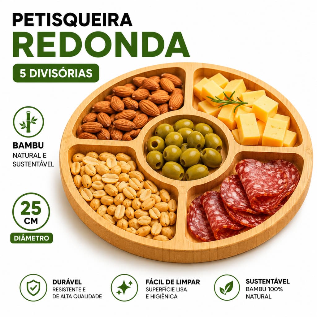Petisqueira Tábua de Bambu p/ Frios e Queijo 5 Div- Gamela Redonda de Bambu para Petisco e Churrasco