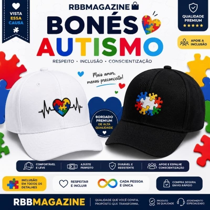 Boné Autismo Quebra-Cabeça Bordado Regulável Adulto