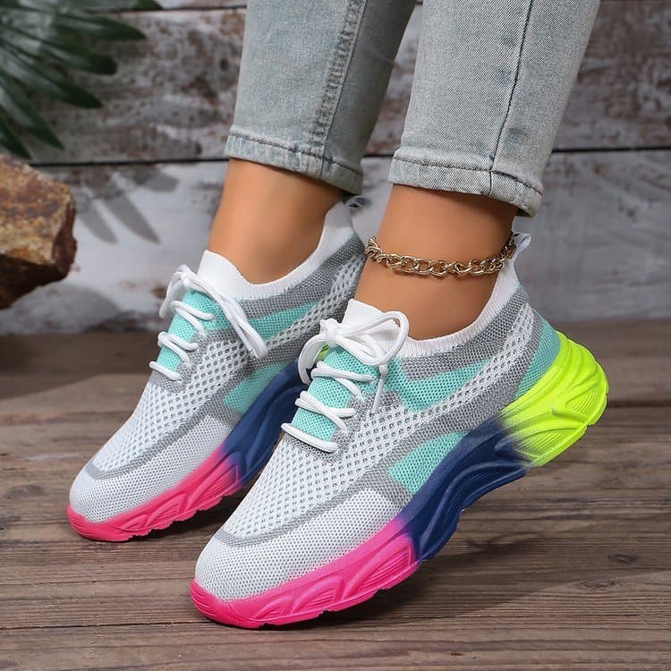 Sapatos femininos de malha multicolorida com sola grossa, tênis de sola grossa gradiente arco-íris, sapatos de caminhada
