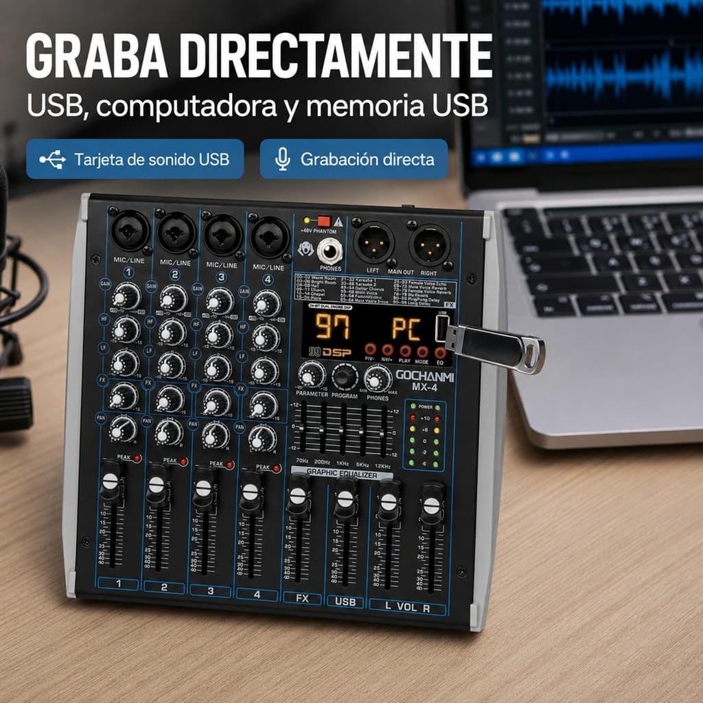 Mesa de Som MX4 com USB Audio Interface - 4 Canais, 99 DSP, Bluetooth, 48V, Gravacao