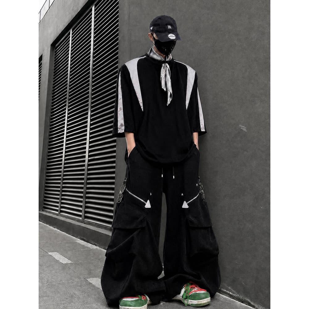 UUCSCC Hip-Hop High Street Loose Design Feel Manga de Cinco Pontos Camiseta Street Wear Almofadas de Ombro Pescoço Redon
