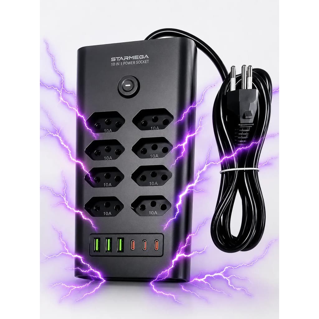 Filtro De Linha Extensão 8 Tomadas 10a Usb-a + Usb-c 2m