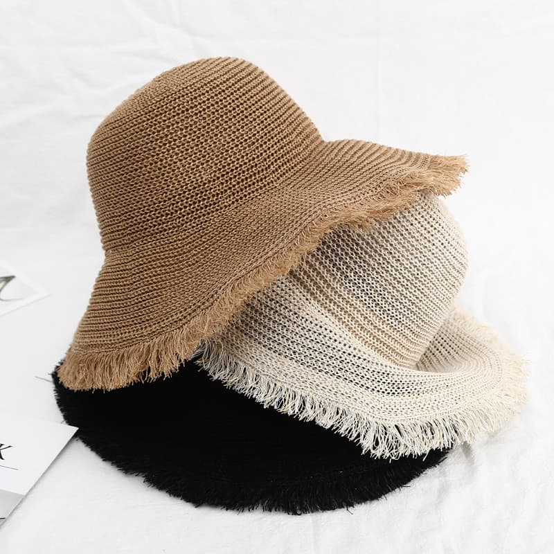K chapéu de palha de malha feminino coreano balde chapéu verão aba grande malha férias guarda-sol dobrável protetor sola