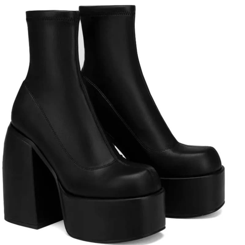Botas de Cano Curto Femininas, Sapatos de Plataforma da Moda, Botas Femininas com Salto Bloco, Botas de Cores Sólidas, S