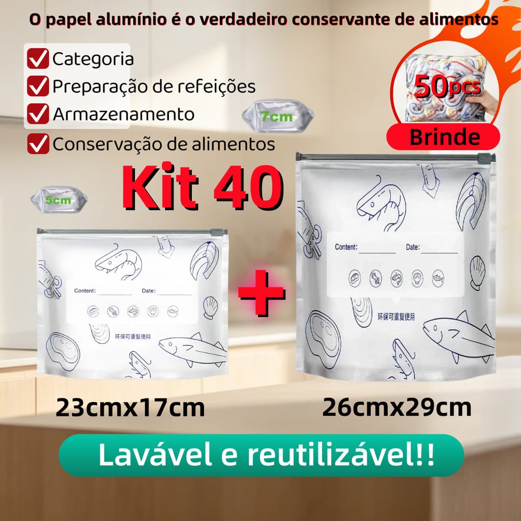 Kit 40 + 50 brindes GRÁTIS Saco Hermético de Alumínio Ziplock Reutilizável À Prova de Vazamento Armazenamento de Aliment