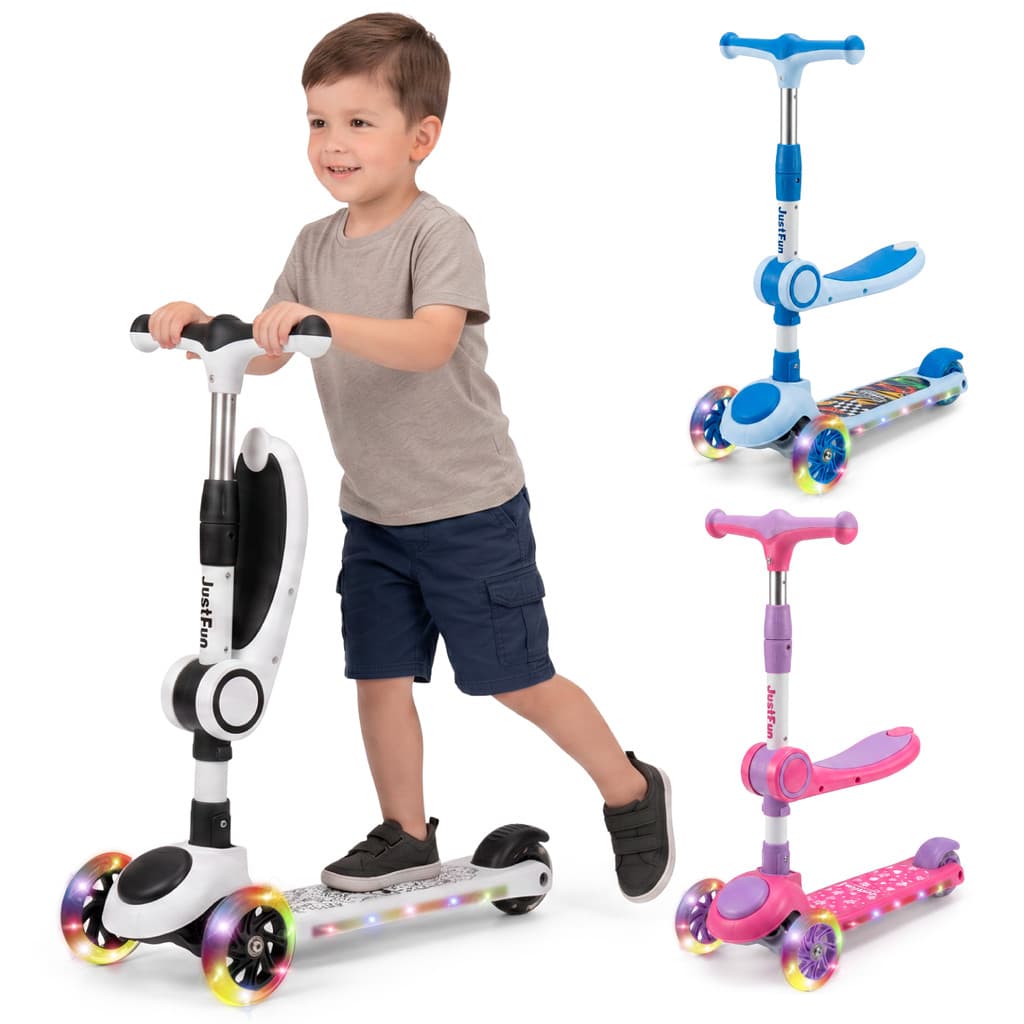 Patinete Infantil 3 Rodas 2 em 1 Assento Ajustável Luz LED Musical Dobrável Menino Menina