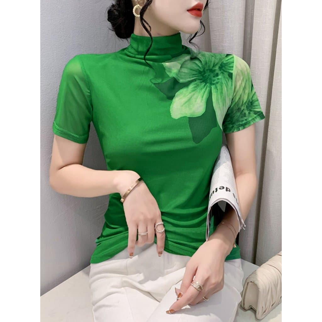 Roupas femininas 2024 novo estilo na moda moda impresso gaze camiseta feminina de manga curta apertado topo de gola alta