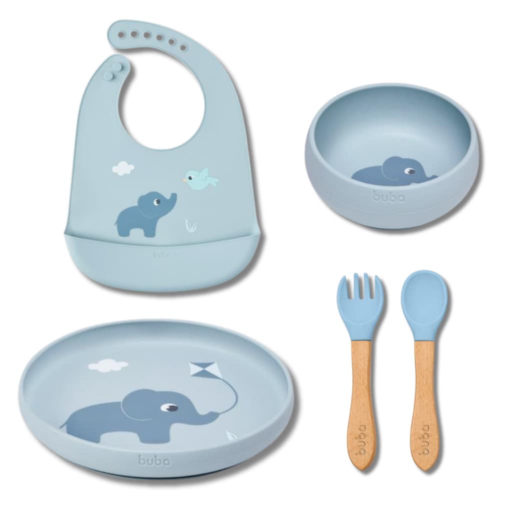 Kit Refeição Bebê Silicone Buba Prato Bowl Babador Talheres