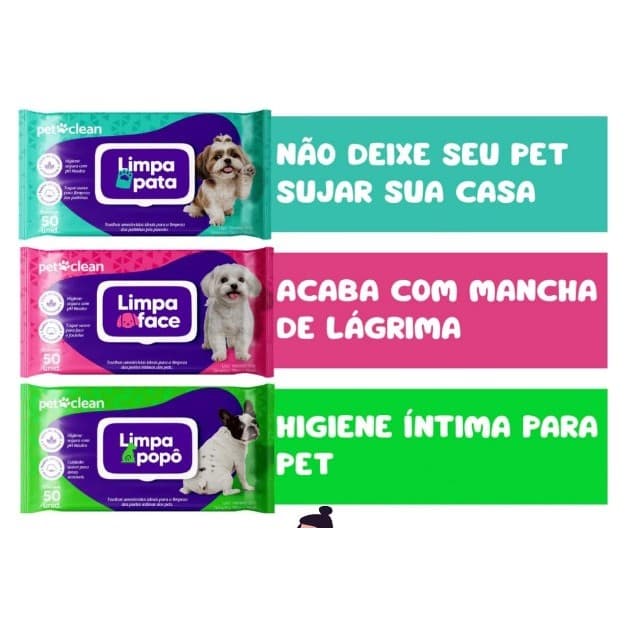 Kit Toalhas Umedecidas Pet Clean Limpa Pata Limpa Face e Limpa Popô 50 Unidades cada