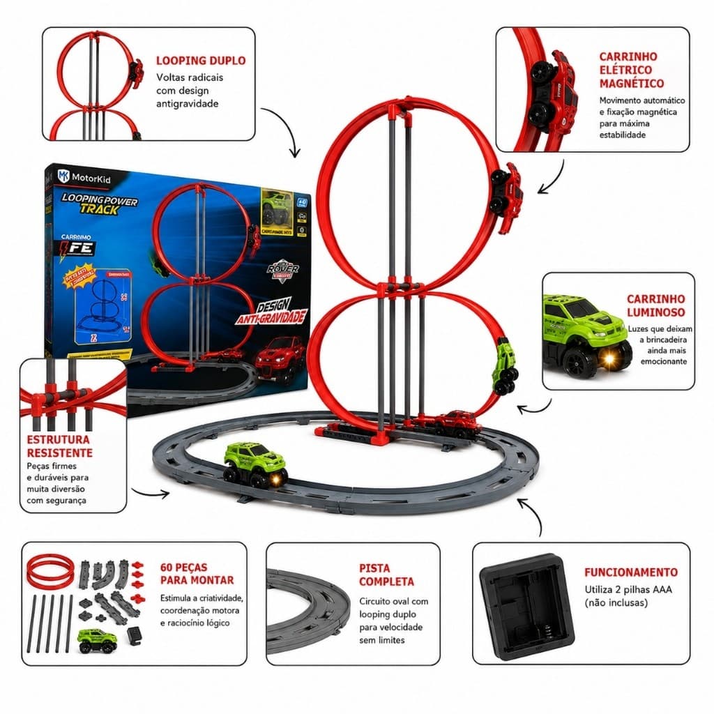 Pista Corrida Infantil Radical Carrinho Eletrico Magnetico Vermelho Diversao Crianças