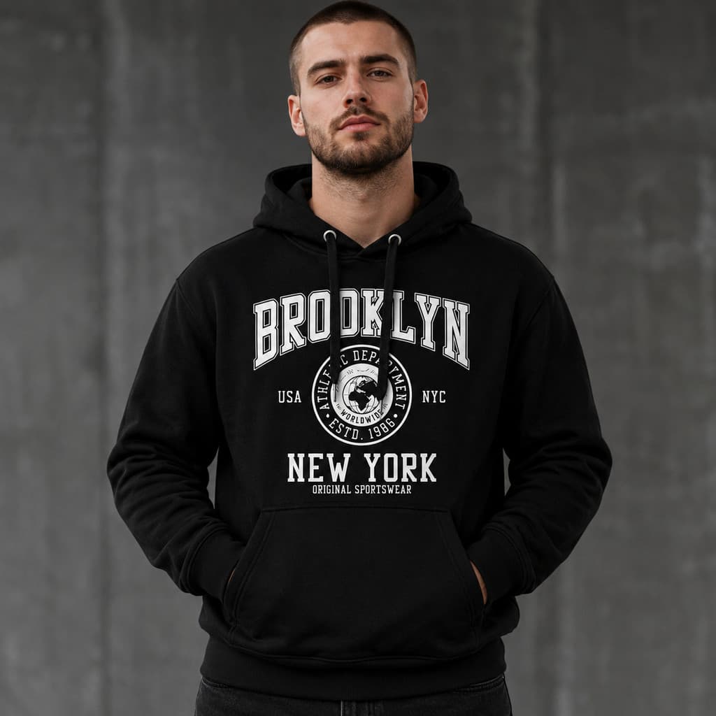 Blusa de Frio Canguru Masculino Brooklyn NY Flanelado Moletom Preto Streetwear Casual