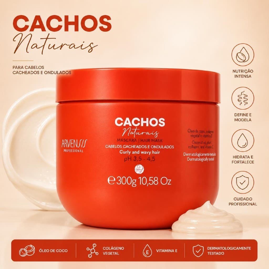 Máscara De Hidratação Capilar ARVENSIS Cachos Naturais 300g Máscara de Cabelo Ondulados e Cacheados