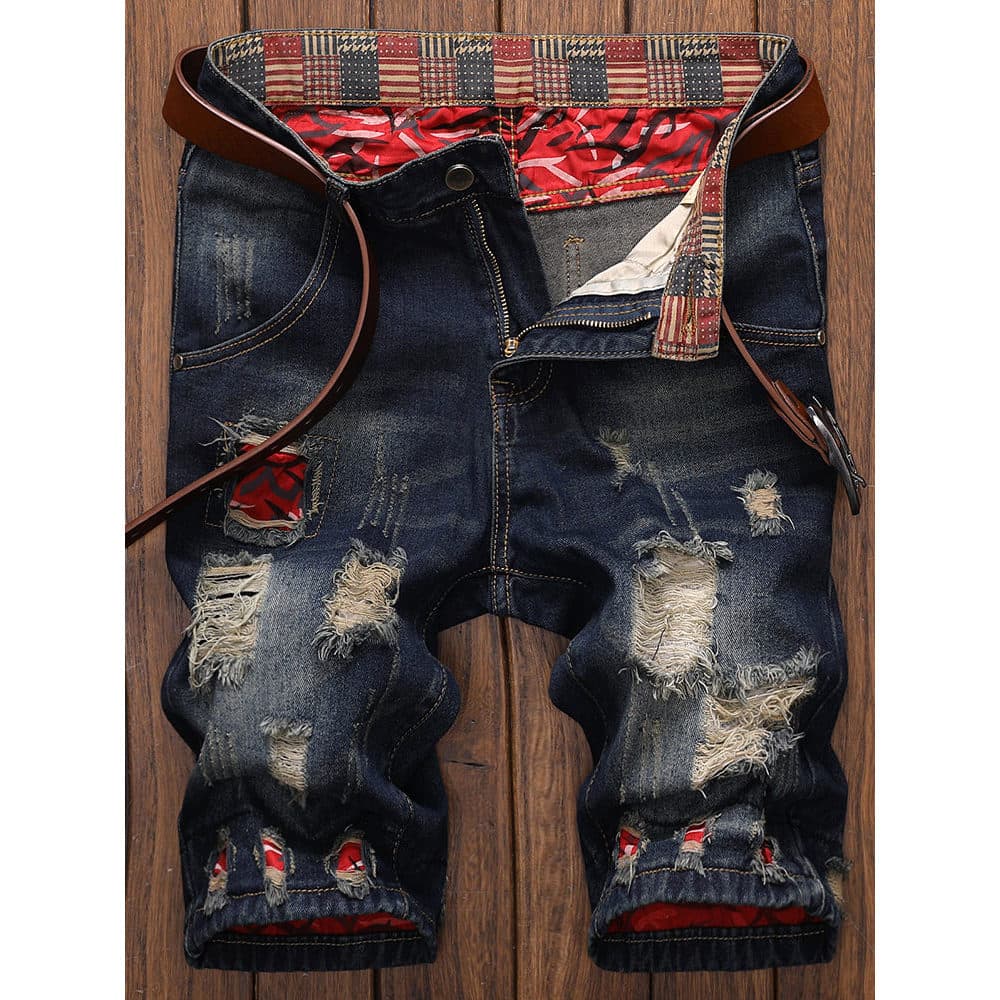 2026 novo estilo Shorts jeans masculinos verão fino calças de cinco pontos calças médias de seis pontos rasgado Street W