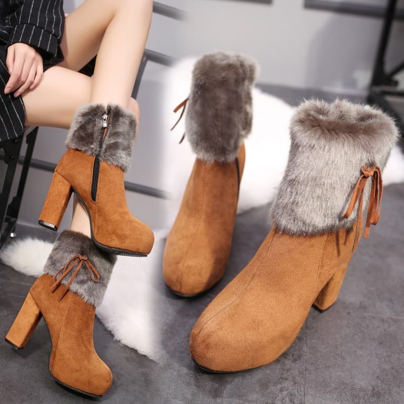 SIZE34-43, botas femininas de salto alto com laço, salto grosso de inverno com laço peludo Martin botas femininas, botas