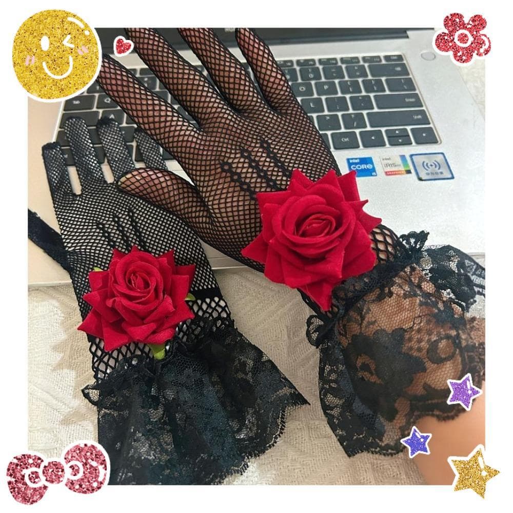 Luvas De Rede Arrastão , Malha De Renda De Flor Rosa Punk Hip Hop Desempenho De Cosplay
