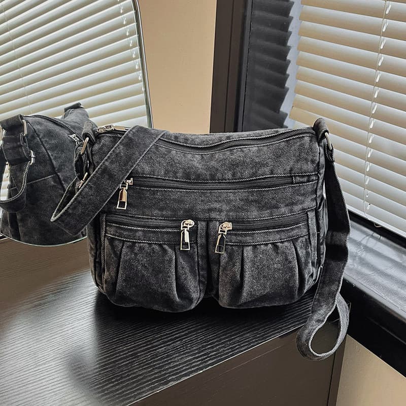 ** Bolsa com vários bolsos, bolsa jeans simples, bolsa de ombro com vários zíperes, bolsa Casual transversal