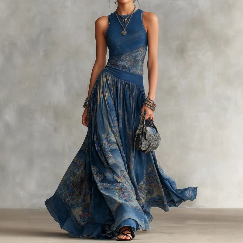 Feminino Retro boêmio sem mangas impresso saia longa feminino azul elegante grande balanço vestido