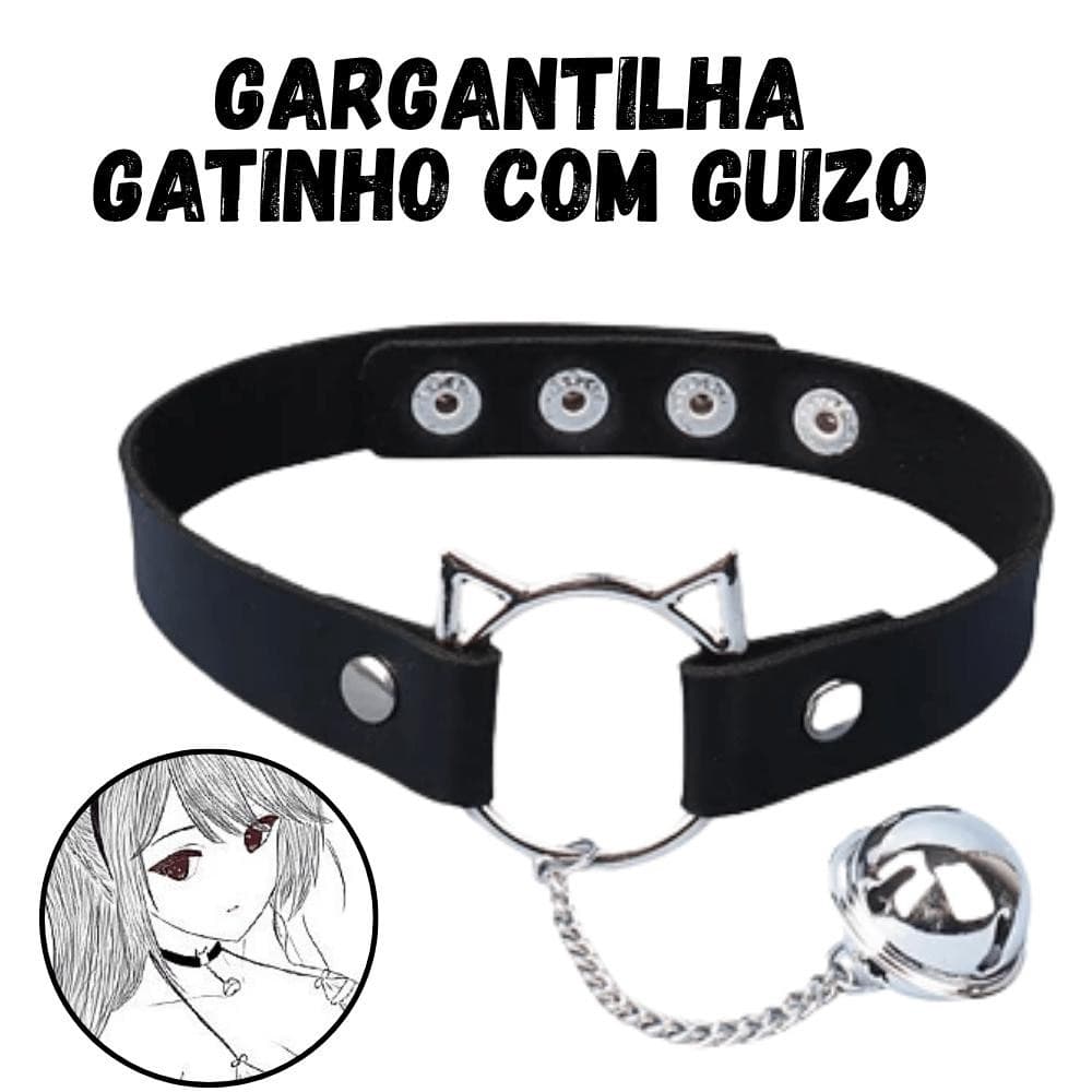Choker Gatinho em Couro com Guizo Coleira Colar em Couro Emo