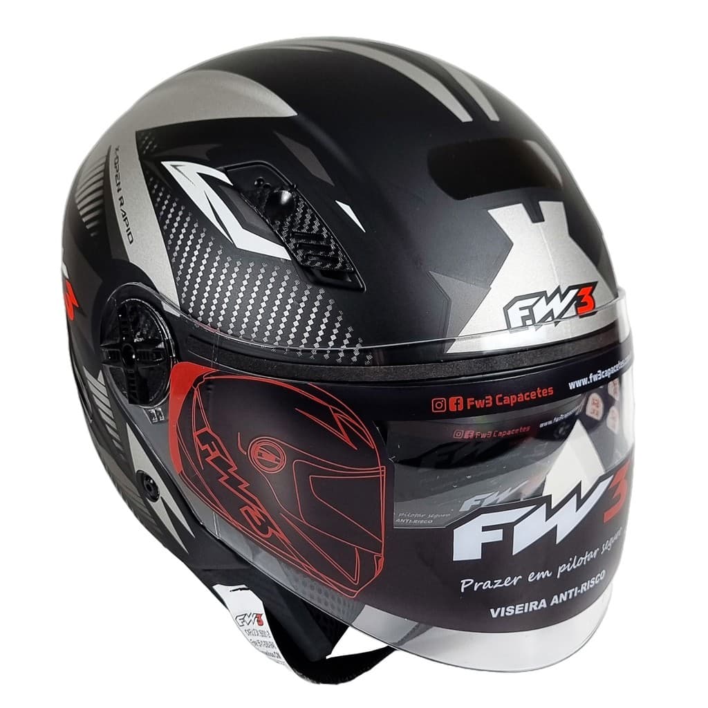 Capacete Fw3 Moto Aberto Preto e Grafite Tamanho 48 Viseira
