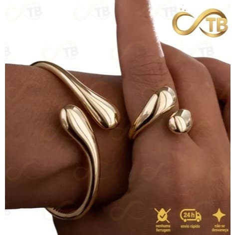 TB Conjunto Pulseira Anel Brincos de Metal Exagerada em Ouro com Design de Gota de Água – Acessório