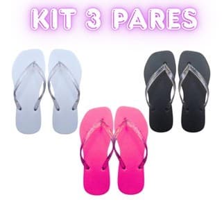 Promoção Kit 3 Pares Chinelo Feminino De Dedo Várias Cores Macio Leve Barato Tira Brilhante
