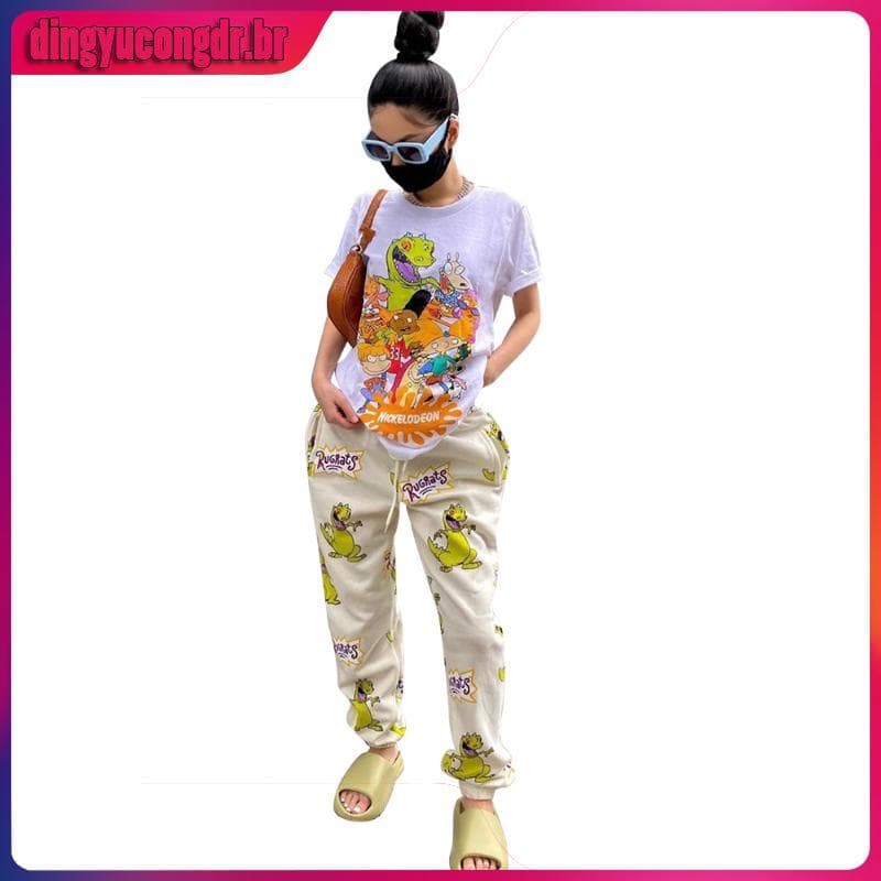 Calças Cargo Femininas Streetwear com Estampa de Anime Harajuku, Calças de Cintura Alta