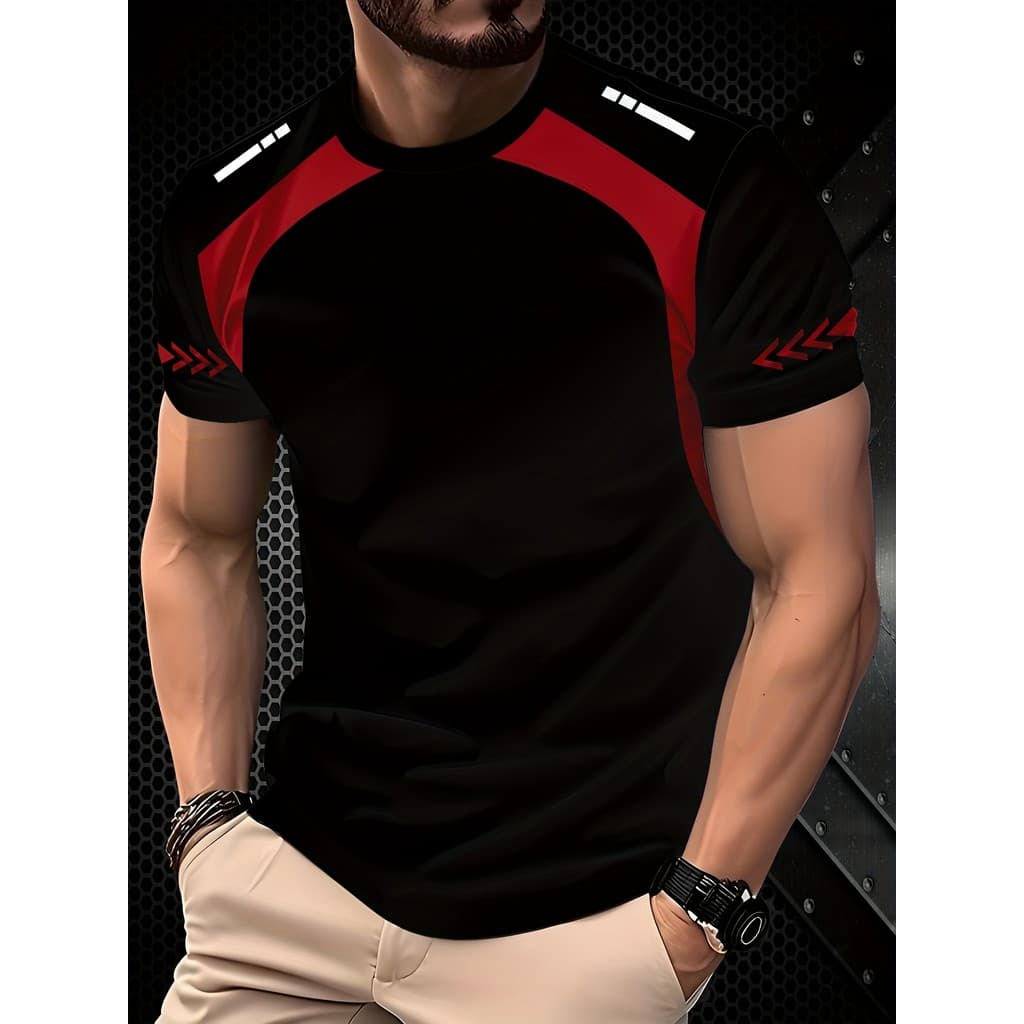 Camiseta Masculina De Manga Curta Com Estampa 3D – Preta Elegante Detalhes Vermelhos , Gola Redonda , Tecido Macio De Po