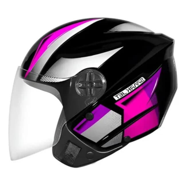 Capacete Aberto Feminino Ebf Spark Jet Square Preto e Rosa Brilhante Moto