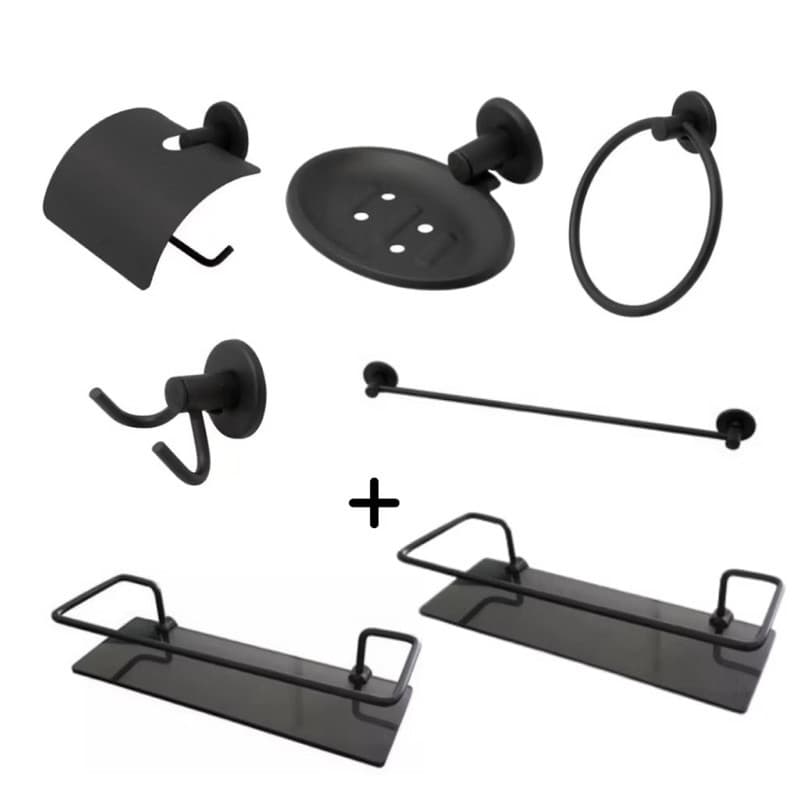 Kit Stander Preto 5 Peças + 2 Porta Shampoo Reto Vidro Fumê