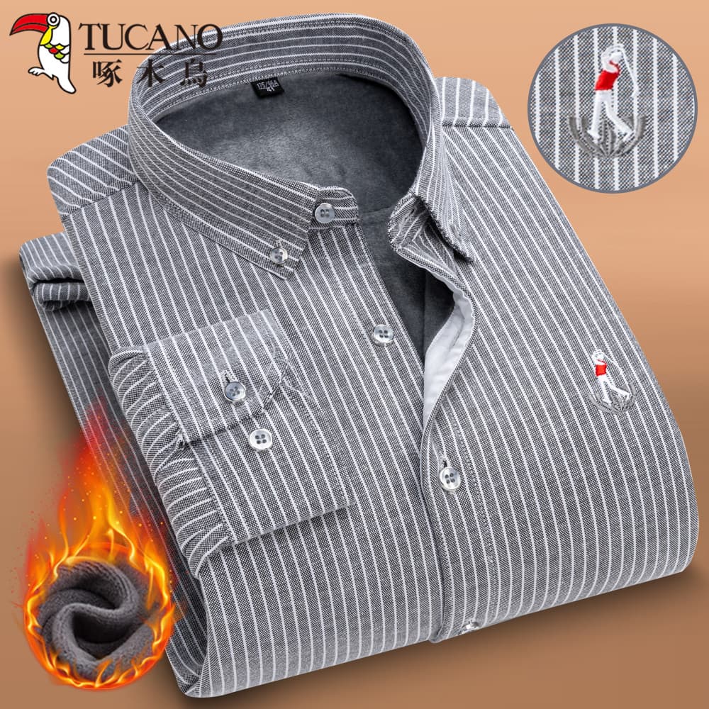 Woodpecker camisa quente de inverno masculina de manga comprida Casual Oxford forro de lã giratório engrossado médio @-