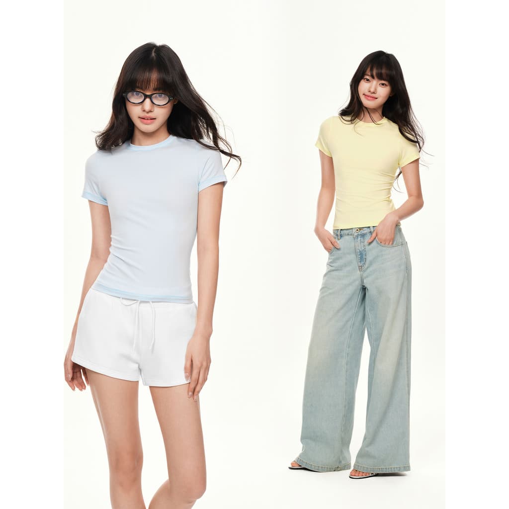 P PSO marca feminina Modal em torno do pescoço cor sólida magro de manga curta camiseta feminina estilo básico mais magr
