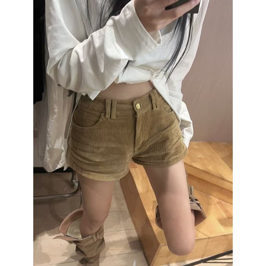 Cáqui americano Retro Casual Shorts feminino novo estilo outono veludo em linha reta All-Match cintura alta a linha calç