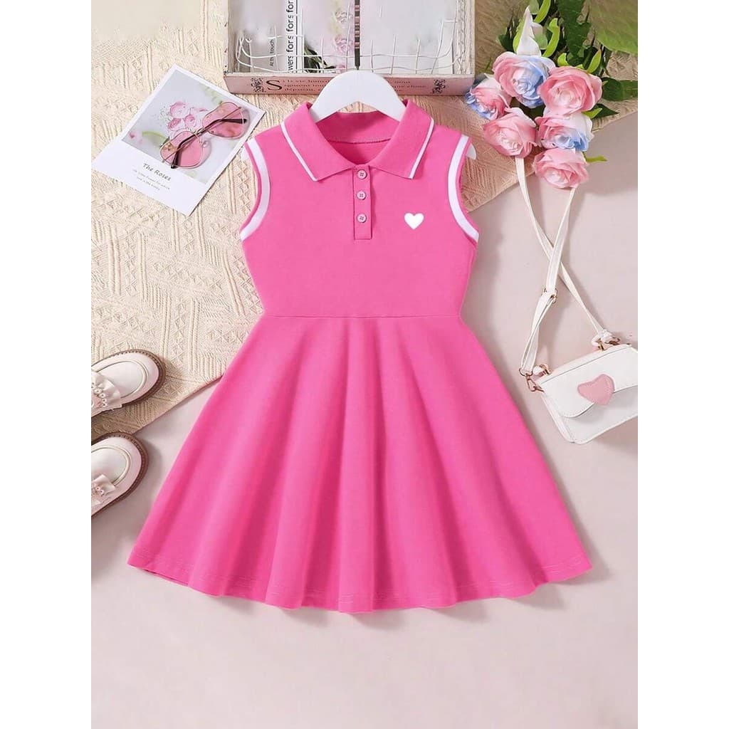 Vestido Infantil Menina 2 a 8 Anos Gola Polo Rosa Pink Coração Decoração Mangas Sem Mangas Presente Festa Aniversário
