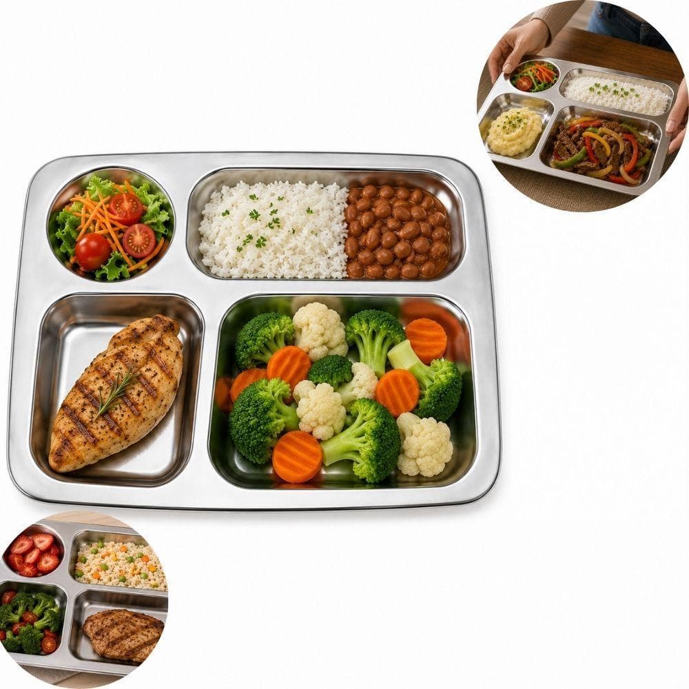 Bandeja Inox 4 Compartimentos Prato Refeitório Bandejão Hospitalar Restaurante Buffet Petisqueira