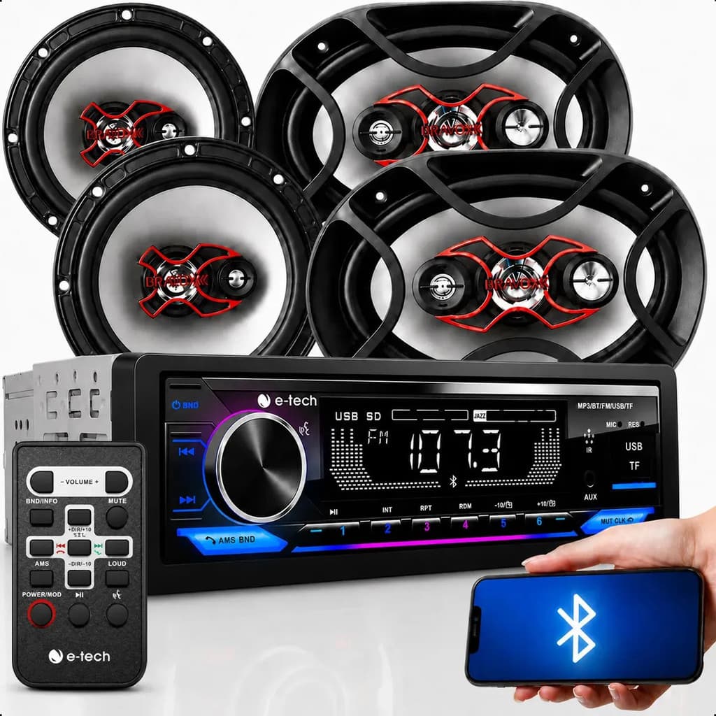 Kit Som Rádio de carro Mp3 1 Din Bluetooth Rgb USB + 4 Alto Falantes 6 e 6x9 Polegadas Portas Tampão