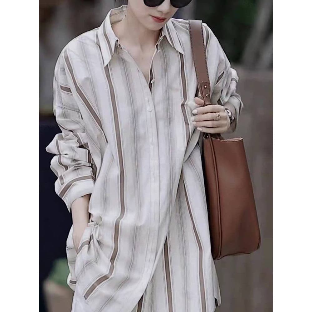 2024 primavera verão camisa listrada feminina novo estilo Design nicho único bonito solto francês topo
