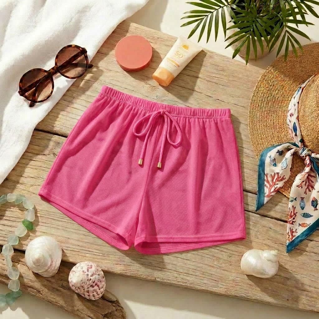 Short Saída de Praia Feminino Crepinho Cordão Pingente