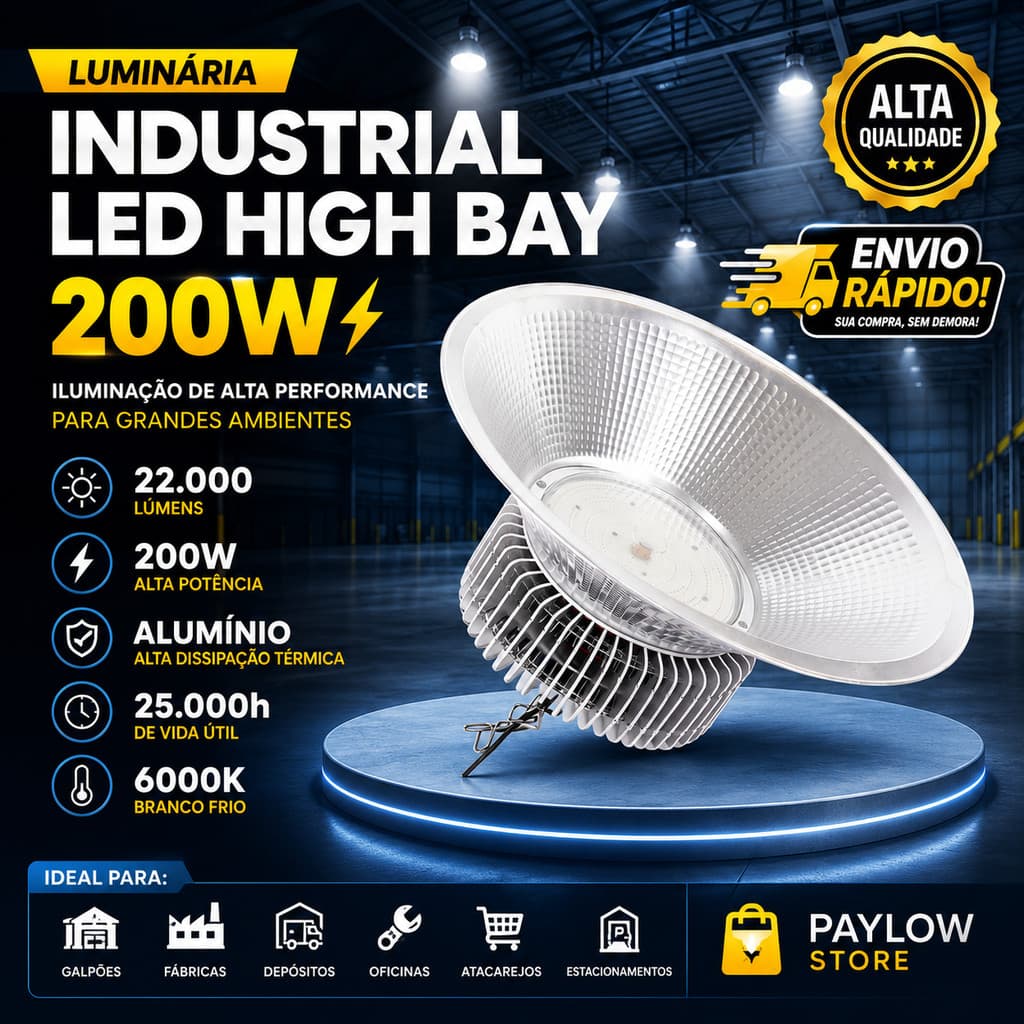 Luminária Industrial LED 200W High Bay Potente