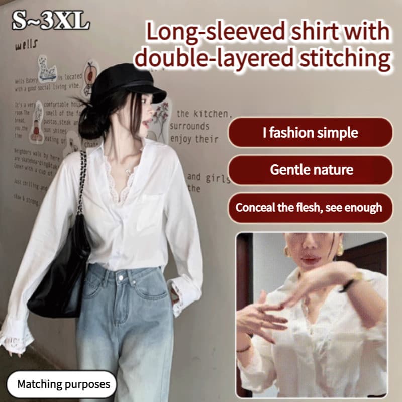 Camisa feminina branca de manga comprida, modelo universal para o outono, com efeito de conjunto de duas peças.